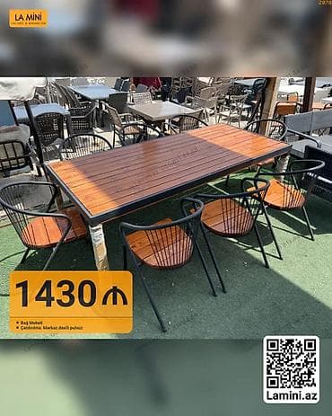Bağ mebeli dəsti – 1 masa + 6 stul - Dizayn: Təbii ağac üstlü — 1