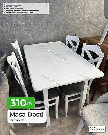 oturaca: Ağ rəngdə masa və 4 ədəd stuldan ibarət masa dəsti. Xüsusiyyətlər: - — 1