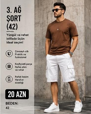 Ağ kişi şortu – Bədən: 42 - Yüngül və rahat istifadə üçün ideal seçim — 1