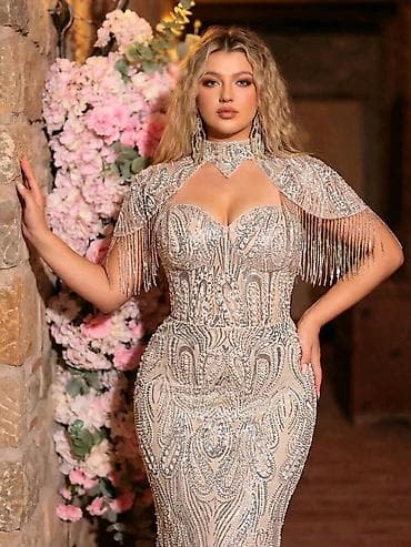 uzun toy donları: Gümüşü bəzəkli ziyafət libası - Model: ağ-krem əsaslı, gümüşü payet — 4