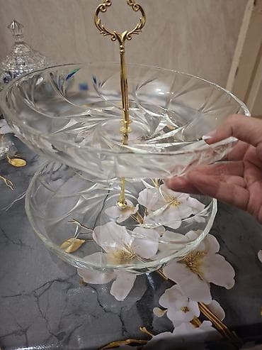 nahar serviz: Tort və şiriniyyat qabı, rəng - Qızılı, Şüşə — 2