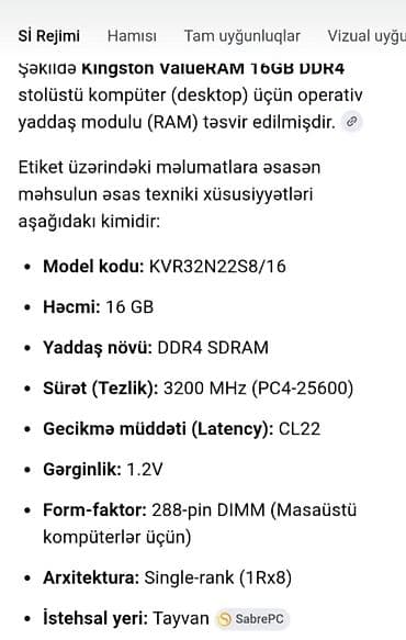 komputer ekrani: Operativ yaddaş (RAM) Kingston, 16 GB, 3200 Mhz, DDR4, PC üçün, İşlənmiş — 3