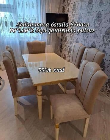 Masa və oturacaq dəstləri: Qonaq otağı üçün, Yeni, Açılan, Dördbucaq masa, 6 stul — 5