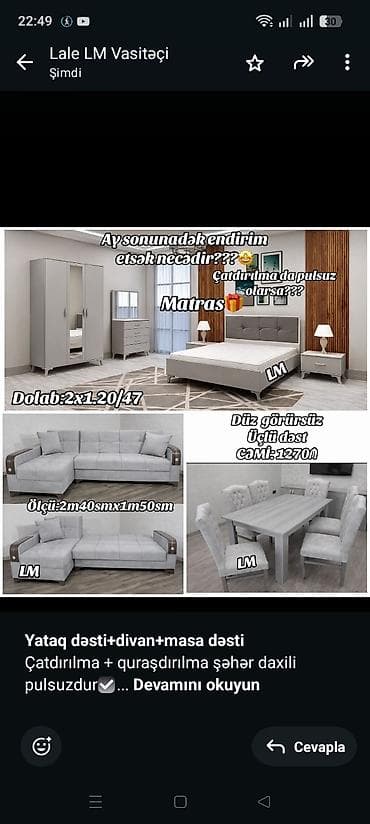 *Yataq dəsti+divan+masa dəsti* Çatdırılma + quraşdırılma şəhər daxili