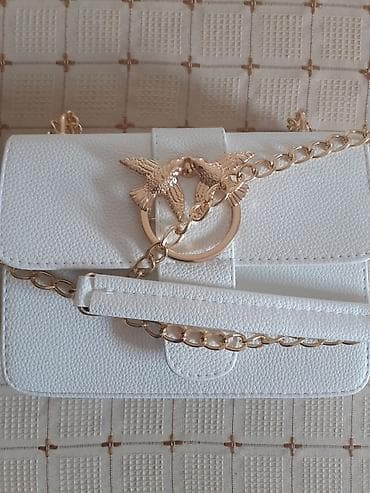 heyvan əşyaları: Ağ rəngli çiyin çantası - Teksturalı eko–dəri material - Qızılı rəngli — 1