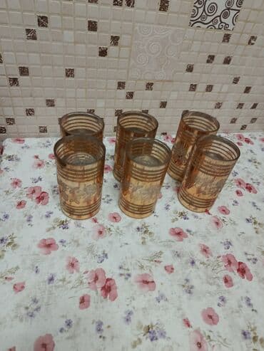 Çaydanlar və qəhvədanlar: Stəkanlar, rəng - Qızılı, Şüşə, 6 ədədli dəst, 200 ml, SSRİ — 1
