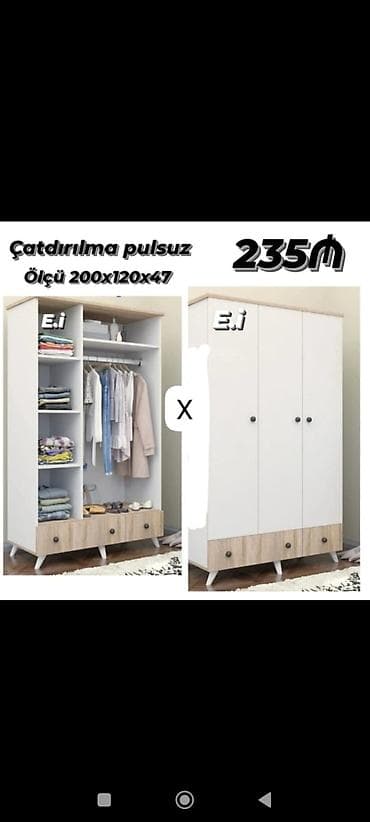 paltar dolab: 3 qapılı paltar şkafı - Ölçü: 200 x 120 x 47 sm - Rəng və üslub: ağ — 1