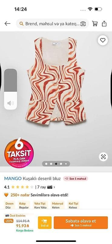 Qadın geyimləri: MANGO – Kəmərli, naxışlı bluz

Trendyolda hal-hazırkı qiyməti 91.93 ₼ — 2