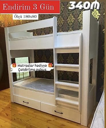 Ağ rəngli, ikimərtəbəli uşaq çarpayısı - Ölçü: 180x80 - Yan tərəflərdə — 1