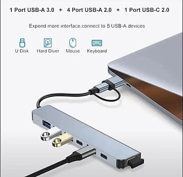 komputer lombard: 7 Portlu USB Hub – USB-C + USB-A 2‑in‑1 Xüsusiyyətlər: - Ümumi 7 port — 2