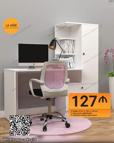 ag masa: Masa və rəfli şkafdan ibarət kompakt iş guşəsi - Dizayn: ağ rəngli — 1