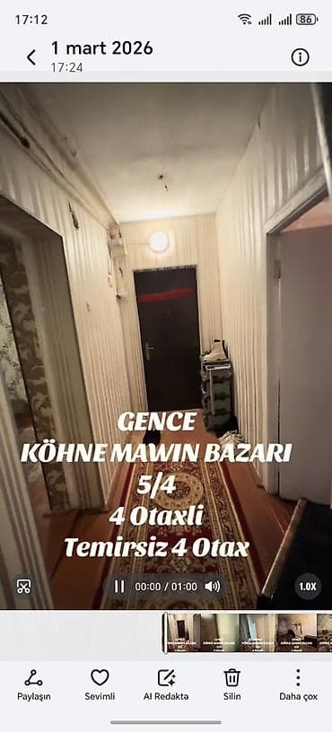 binə qəsəbəsində ev satılr 2 mərtəbə: Gəncə, Köhnə Maşın Bazarı ərazisi. Mərtəbə: 5/4. Plan: 4 otaqlı — 1