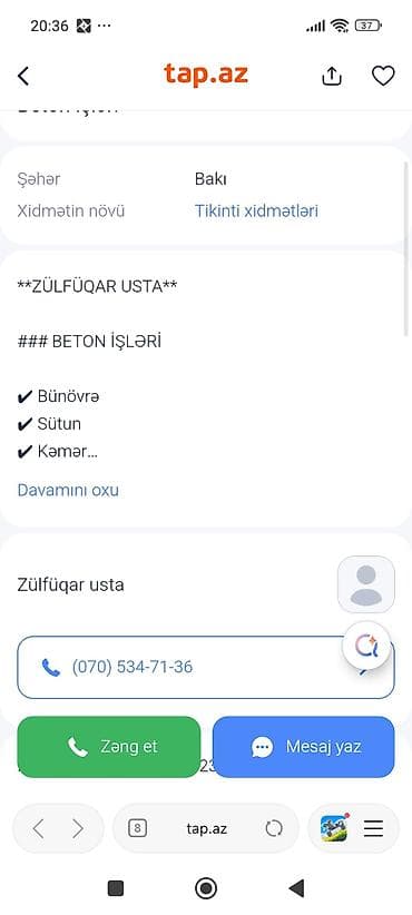memar ecemi masaj: Zülfüqar usta – Tikinti xidmətləri (Bakı) Beton işləri: - Bünövrə - — 1