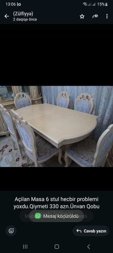 sumqayit stol stul: Açilan Masa 6 stul hecbir problemi yoxdu.Qiymeti 330 azn.Ünvan Qobu — 1