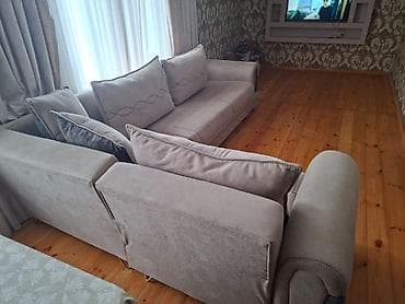 kreditle kunc divanlar: Künc divan dəsti – krem/boz rəngli, yumşaq məxməri/parça üzlüklə - — 4