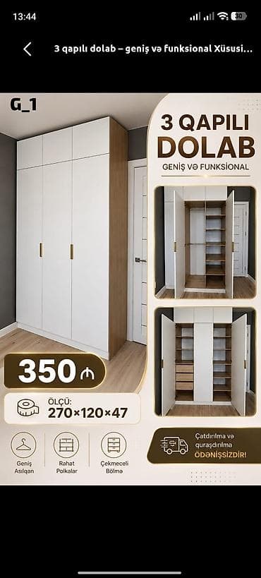 Yeni, 3 qapılı, Siyirməli, Ağ, Taxta, Açılan, Düz dolab lalafo.az -da Yeni, 3 qapılı, Siyirməli, Ağ, Taxta, Açılan, Düz dolab