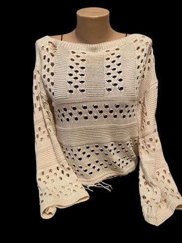 Baş geyimləri: Bej rəngli, əl işi krujeva naxışlı trikotaj bluz/sviter. - Açıq — 1
