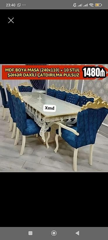 balkon stul: MDF boyalı yemək masası dəsti - Komplekt: 1 ədəd masa + 10 ədəd stul - — 1