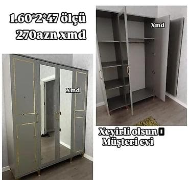 3 qapılı, Güzgülü, Boz, Açılan, Düz dolab