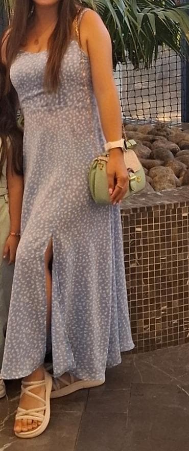 gen: Yaylıq naxışlı maxi yay paltarı - Rəng: açıq mavi, xırda ağ — 1