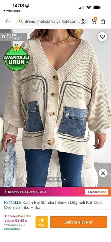 dəbli qadın geyimləri: Məhsul: FEMELLE qadın oversize triko hırka - Rəng: bej - Model — 2