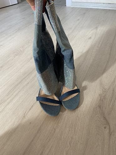 çekme: Denim materialdan dizə qədər uzunluqda qadın çəkmələri-sandallar — 2