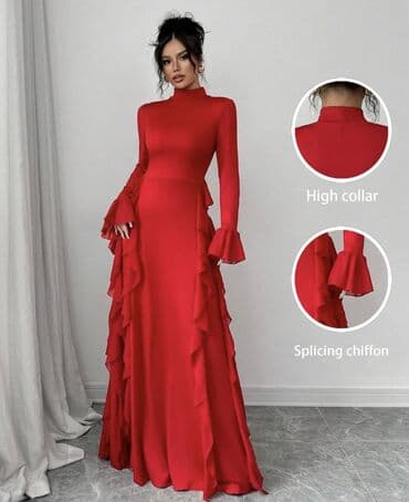 toxunma donlar instagram: Qırmızı, uzun ziyafət/libas - Yüksək boğazlı, bədəni vurğulayan kəsim — 1