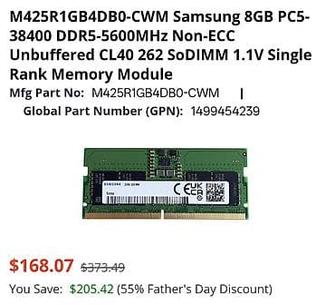 Operativ yaddaş (RAM) Samsung, 16 GB, > 4000 Mhz, DDR5, Noutbuk üçün, Yeni