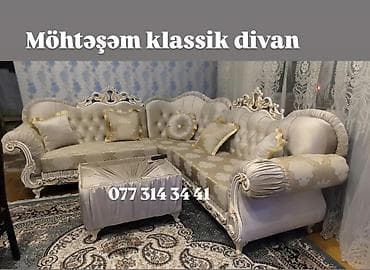 Möhtəşəm klassik divan – zərif naxışlı parça ilə L formalı künc