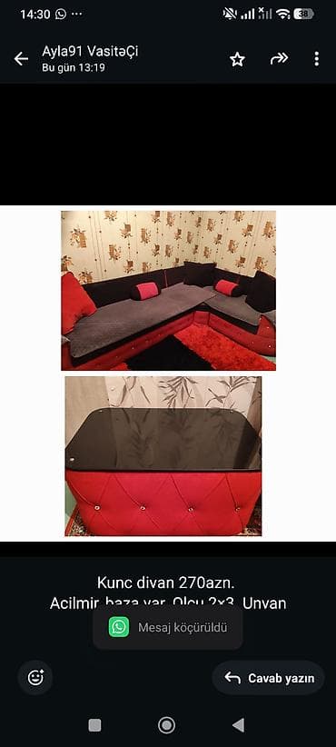 Kunc divan 270azn. 
Acilmir, baza var. Olcu 2×3. Unvan Hovsan. Ayla91
