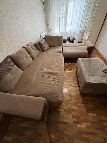 divan ucun macalka: L formalı yumşaq künc divan və puf - Rəng: qəhvəyi/bej tonlarında - — 4