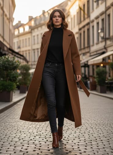 dublonka modelleri: 1-2 dəfə geyinilib Qadın palto – tünd karamel/qəhvəyi rəngdə, klassik — 1