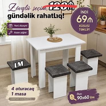 stullar: Mətbəx və kiçik məkanlar üçün kompakt masa–stul dəsti. - Dəst: 1 masa — 1