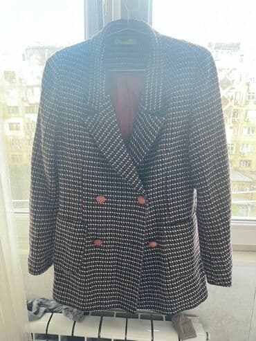 Qadın tweed tərzli blazer - Rəng və naxış: tünd mavi, qırmızı və ağ
