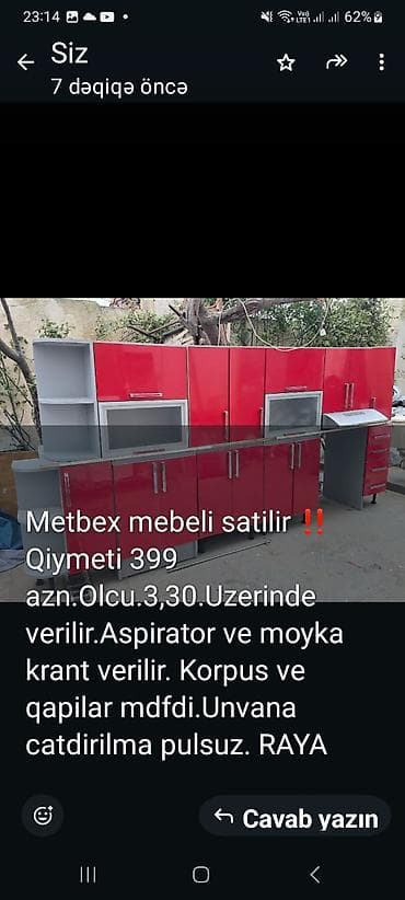 Mətbəx mebeli satılır - Ölçü: 3,30 m - Korpus və qapılar: MDF -