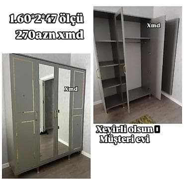 Yeni, 4 qapılı, Güzgülü, Boz, Açılan, Düz dolab