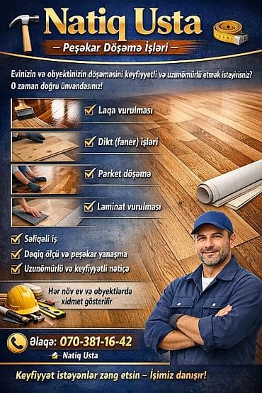 döşeme: Peşəkar döşəmə xidmətləri Xidmətlər: - Parket döşəmə - Laminat — 1