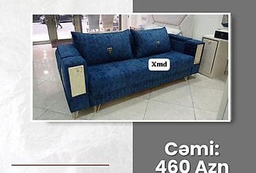 Mavi rəngdə, müasir üslubda 3 nəfərlik divan. Yumşaq məxməri/parça