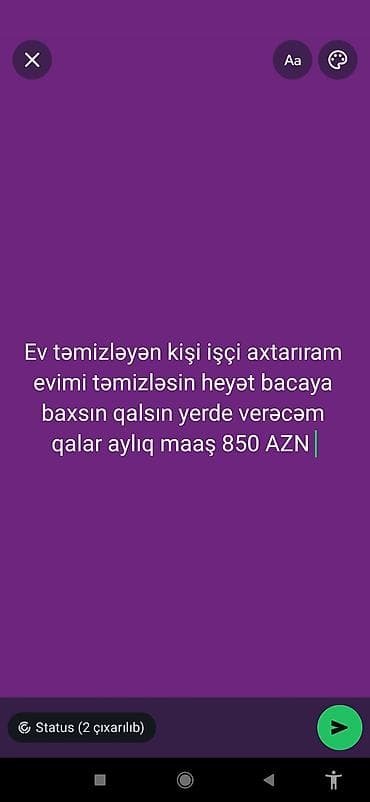 moyka işci: Ev təmizliyi və həyət-baca işləri üçün kişi işçi axtarılır. Vəzifələr — 1