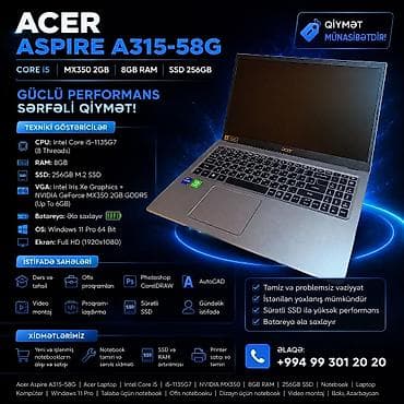 İşlənmiş Acer Aspire, 15.6 ", Intel Core i5, 256 GB, Ünvandan götürmə, Ödənişli çatdırılma, Rayonlara çatdırılma