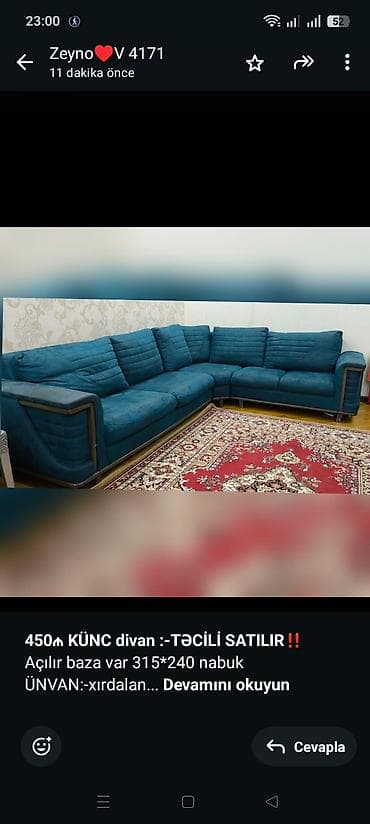 diva mebel: *450₼ KÜNC divan :-TƏCİLİ SATILIR*‼️ Açılır baza var 315*240 nabuk — 1