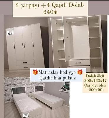 tek kravat: 2 çarpayı + 4 qapılı dolab dəsti - Rəng: ağ - Dəst tərkibi: 2 ədəd — 1