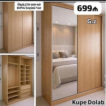 divarda kitab refi: Kupe dolab – sürgülü qapılı, güzgülü model. Ölçü: 270×160×60 sm Rəng — 1