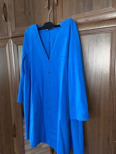 женские бирюзовые туфли: ZARA qadın donu/tunika - Rəng: parlaq kobalt mavi - Model: v-yaxa, ön — 3