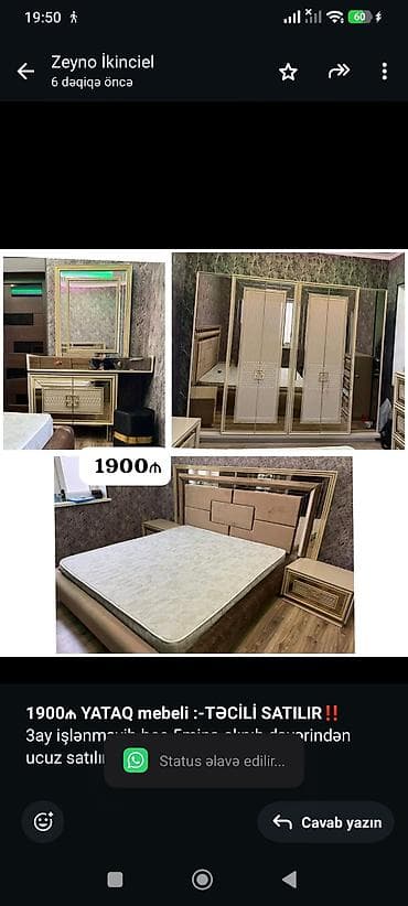 zir paket: *1900₼ YATAQ mebeli :-TƏCİLİ SATILIR*‼️ 3ay işlənməyib heç 5minə — 1