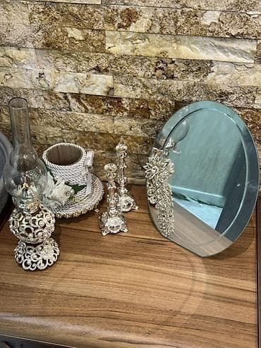 Dekorativ set – güzgü, şamdanlar və aksesuar qabı - Oval masaüstü