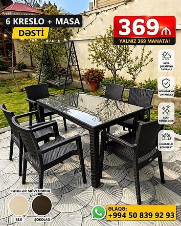 plasmas masa: Dördbucaq masa, 6 stul, Açılmayan, Stullar ilə, Həsir toxunuşlu — 1