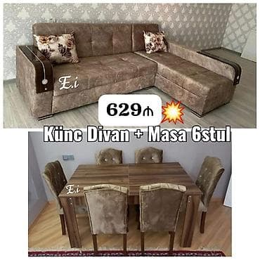 dola: Künc divan + yemək dəsti (masa və 6 stul) - Künc divan: L-forma — 1