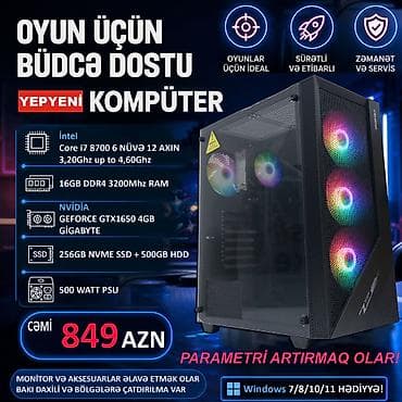 Oyun üçün Kompüter "DDR4 Core i7 8700 16GB Ram GTX1650 4GB 256GB NVME