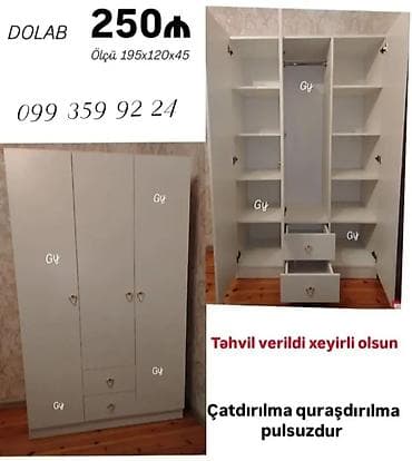 Ağ rəngli 3 qapılı geyim dolabı. Ölçü: 195×120×45 sm. Daxili planlama